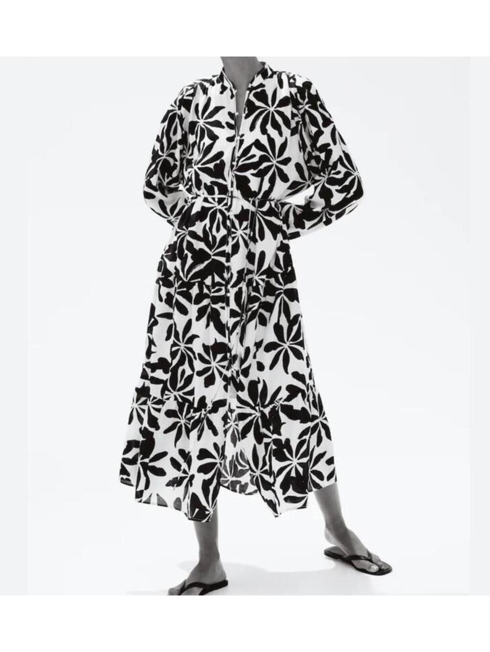 H&M NWT White/Black Floral Oversized Crinkled Dress
